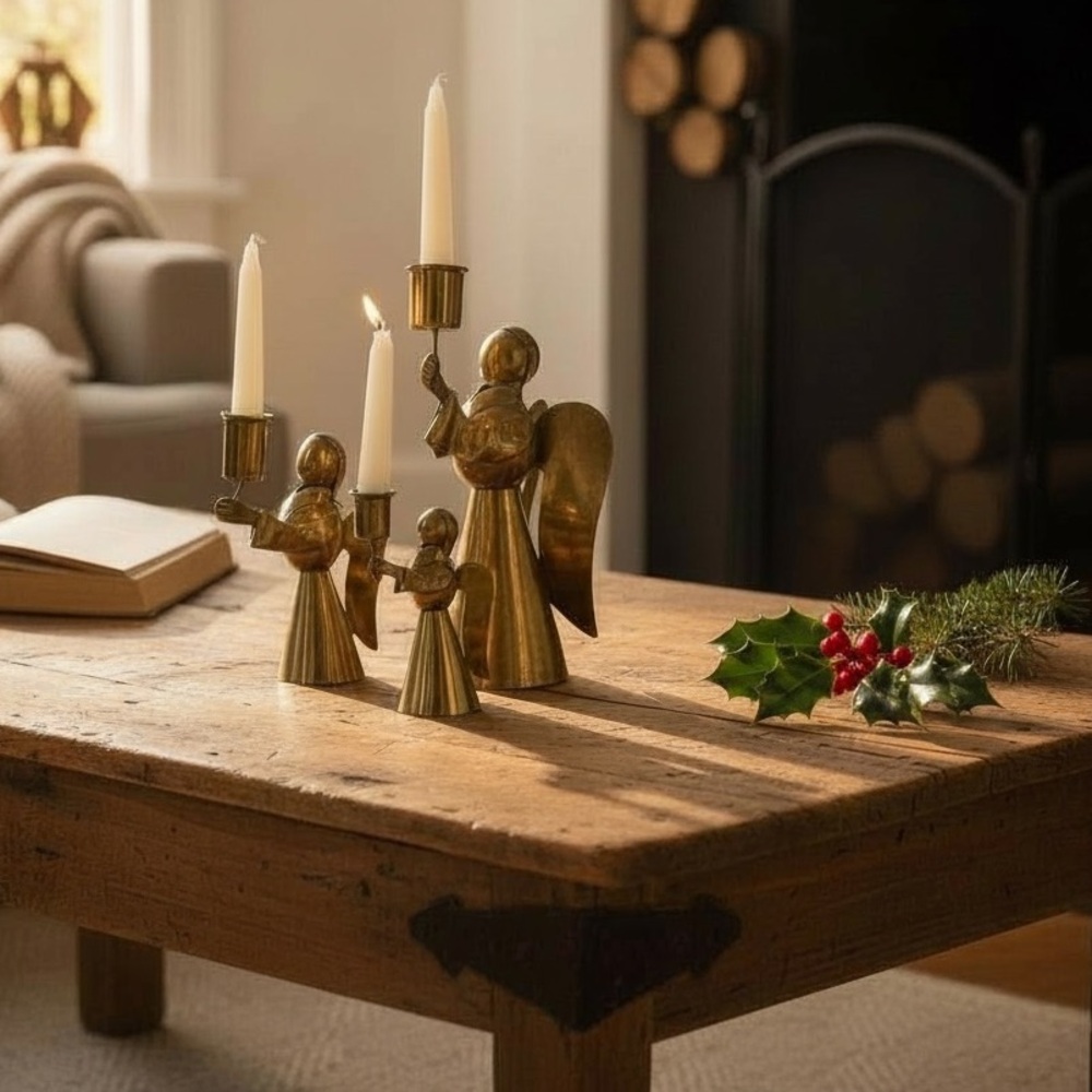 Set of 3 Vintage MCM Brass Angel Candle Holders